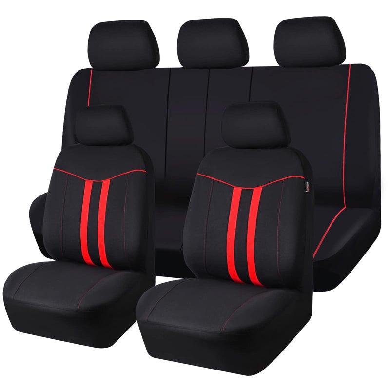 CAR-GRAND Universal Stylish Piping Cloth Car Seat Covers Full Set, Breathable and Washable Automotive Seat Covers with Air Compatible,3 Zipper Bench Design,Fit 90% SUV,Truck,Sedan (Black and Red) - Image 1